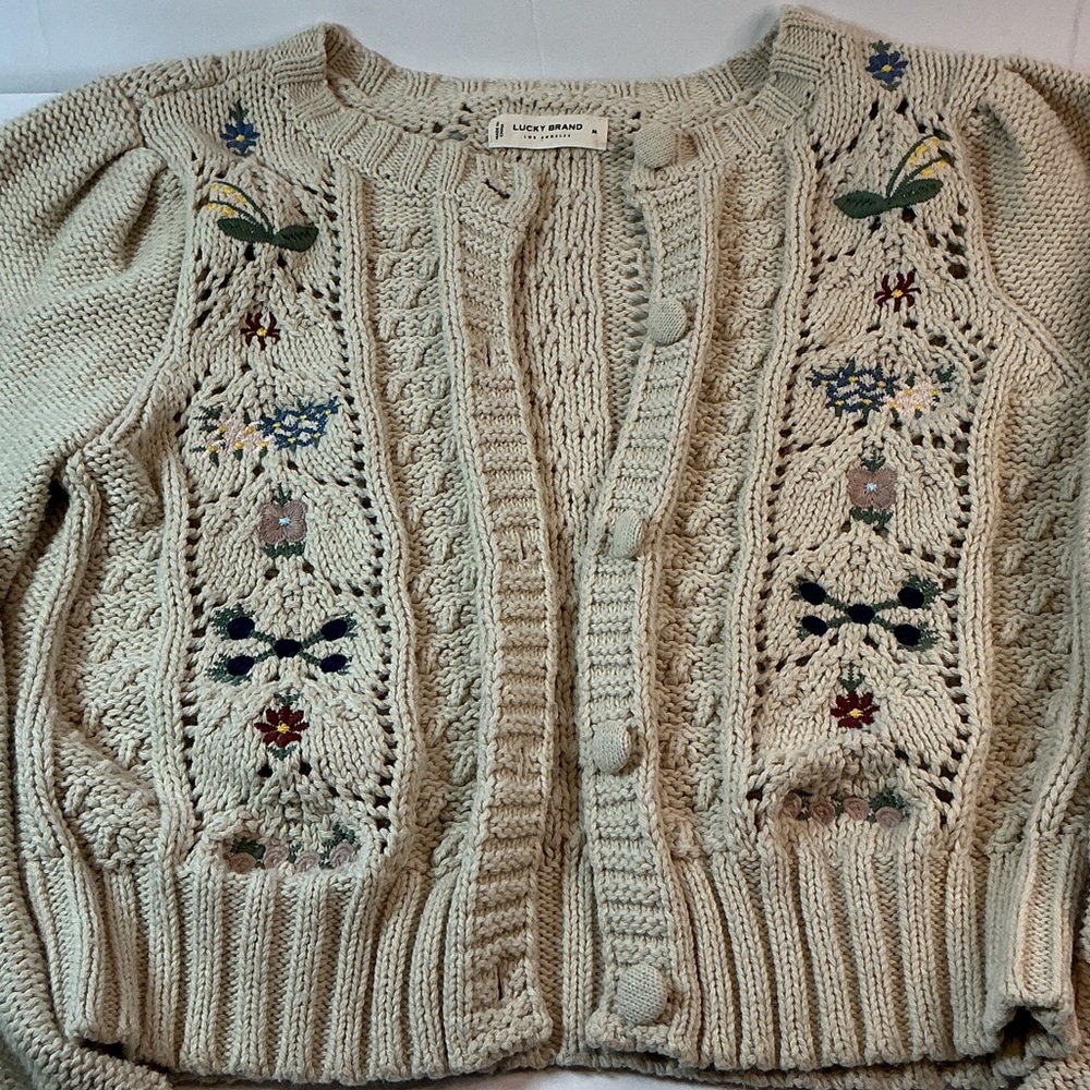 Lucky Brand Floral Embroidered Chunky Knit Cardigan – Size M